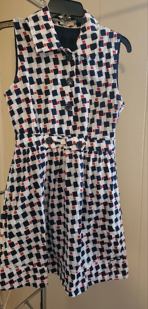 Retro red, white, blue button up collared dress size small